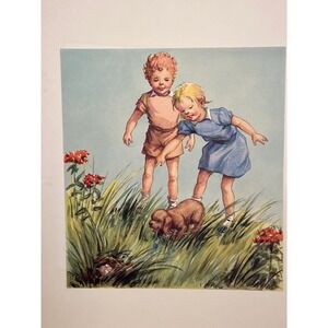 Vintage Lithograph Wall Art Children Dog 2 Sided Large 16x19 Nursery 40s
